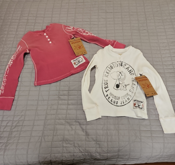 Set Of 2 NWT True Religion Kids Pink and White Long Sleeve Henley Tees Sz XS